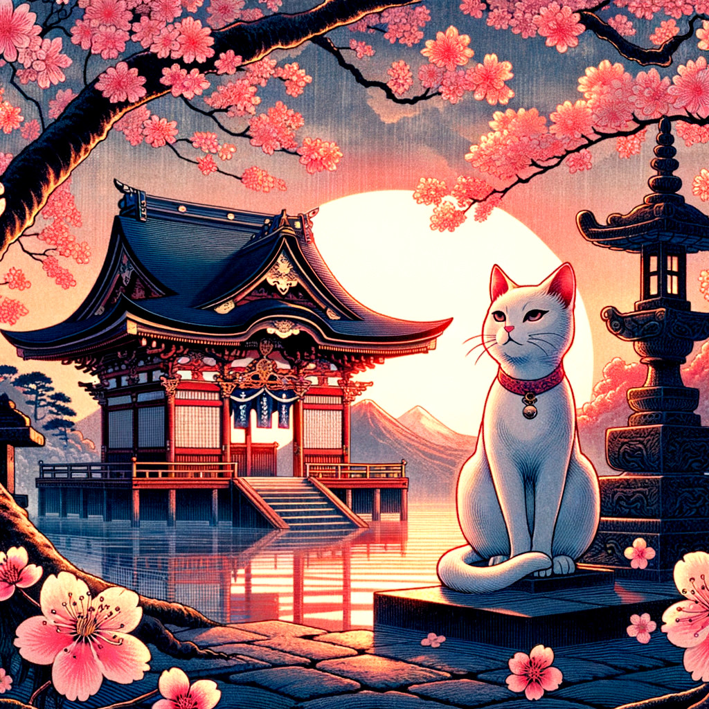 Elegant White Cat by Tranquil Lake and Cherry Blossoms