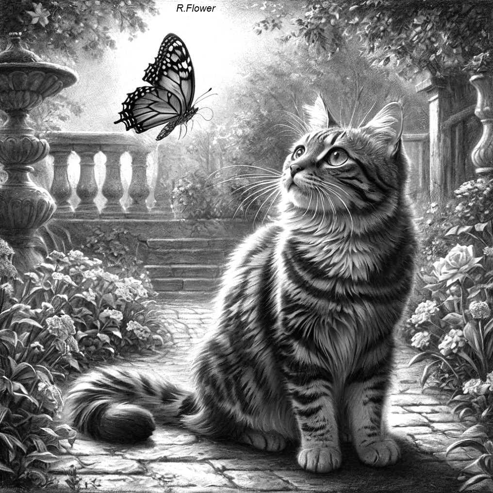Striped Cat Observing Butterfly in Grayscale Garden