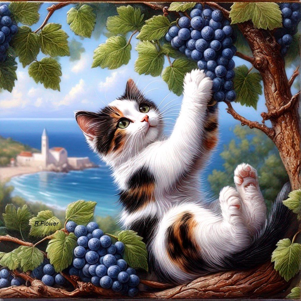 Calico Cat Playing with Grapes in Coastal Setting