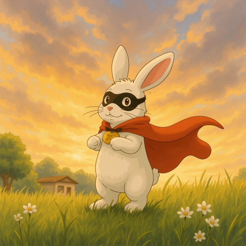 Cheerful rabbit in cape poses in vibrant sunset field