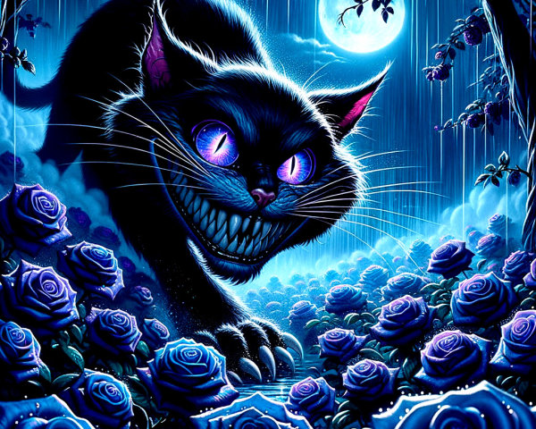 Mystical Black Cat Among Blue Roses in Moonlit Forest