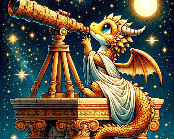 Whimsical Dragon Gazing at Stars Through Telescope