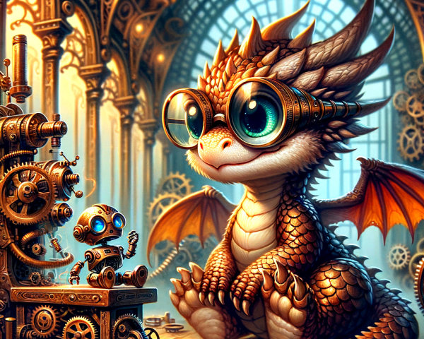 Whimsical Steampunk Workshop with Dragon and Robot