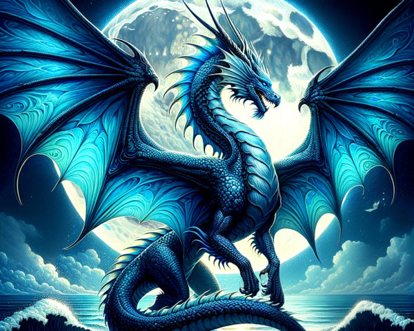 Majestic blue dragon under a full moon at the ocean