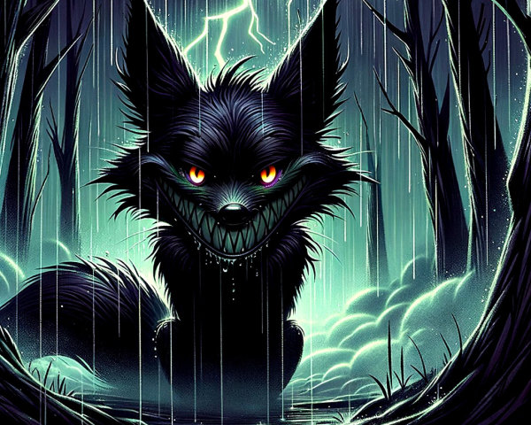 Menacing Cartoonish Black Fox in Dark Forest Scene