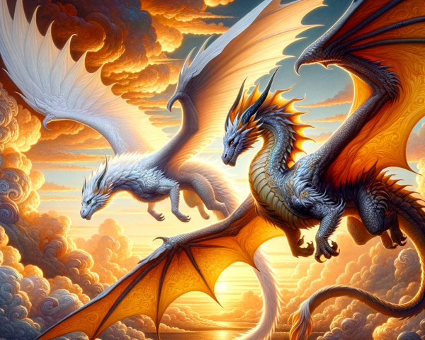 Dragons Soaring in a Vibrant Sunset Sky
