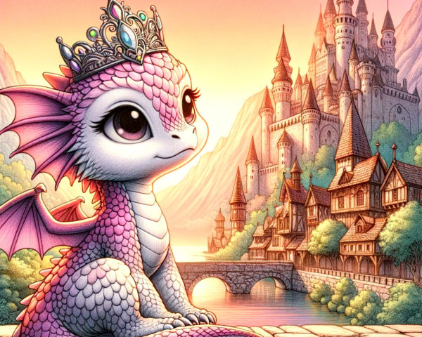 Small pink dragon on stone wall with castle backdrop
