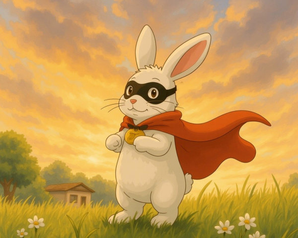 Cheerful rabbit in cape poses in vibrant sunset field