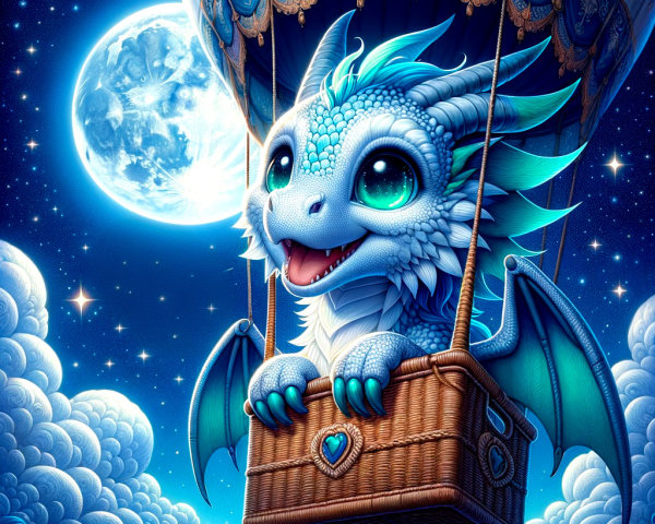 Blue dragon in hot air balloon under full moon