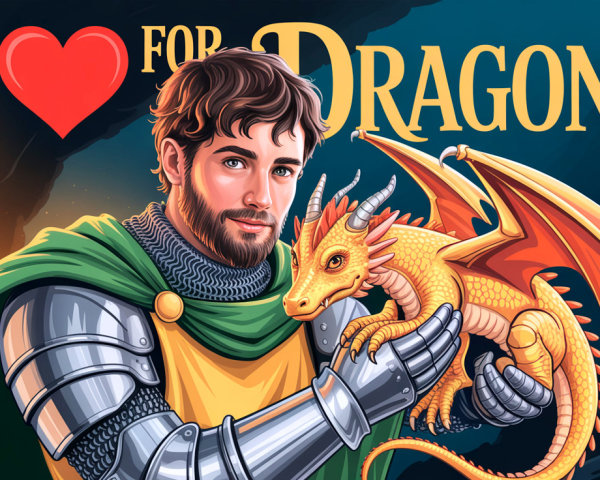 Medieval Hero with Golden Dragon in Fantasy Landscape