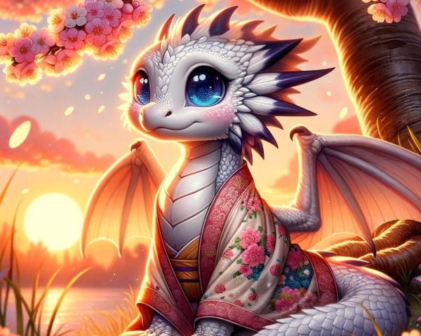 Cute dragon under cherry blossom tree at sunset