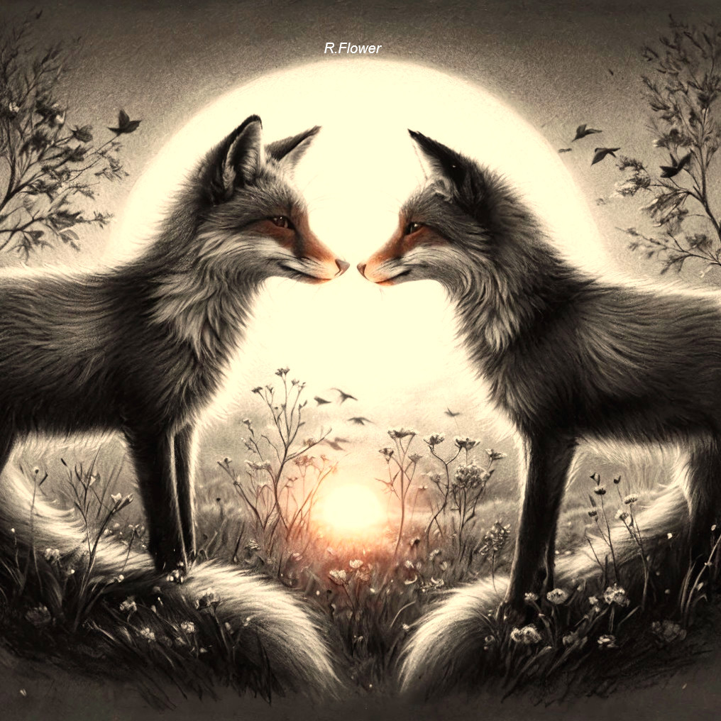 Foxes Touching Noses Under a Full Moon in Nature
