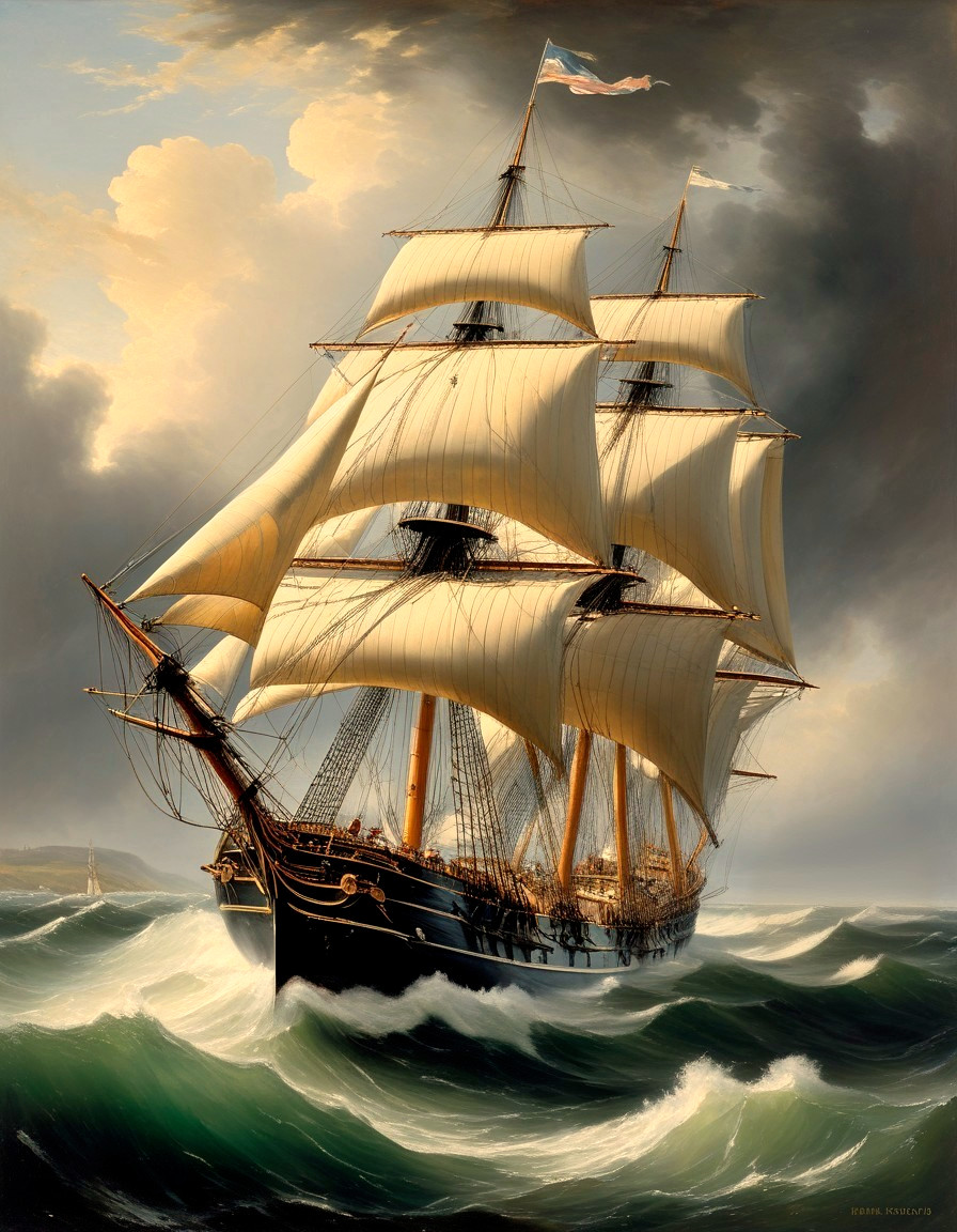 Tall Ship Navigating Turbulent Waves at Sunset