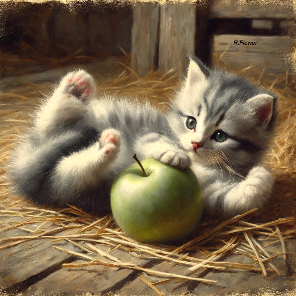 Gray Kitten with Blue Eyes Playing with Green Apple on Straw Bed