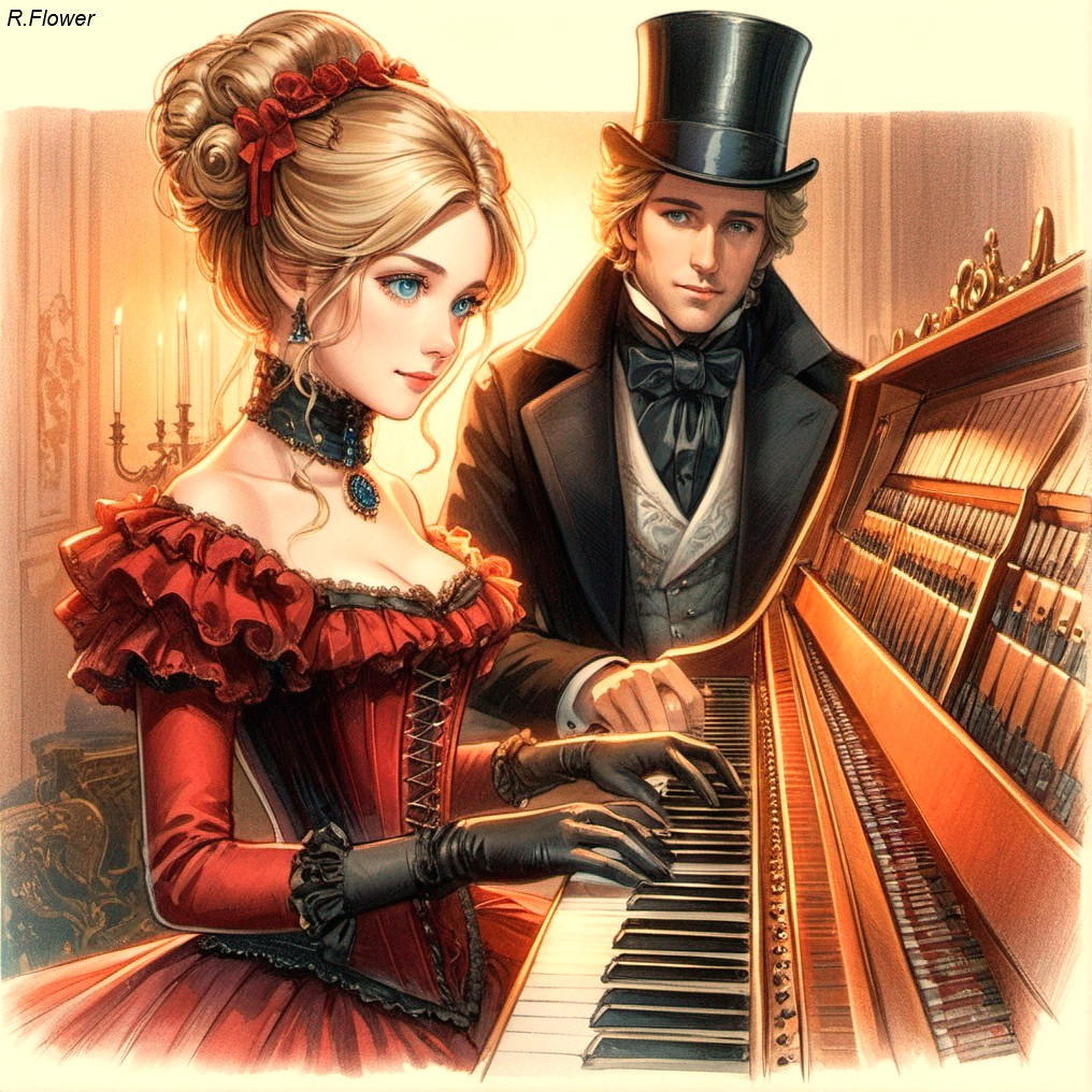 Victorian-era couple in red gown and top hat playing piano duet
