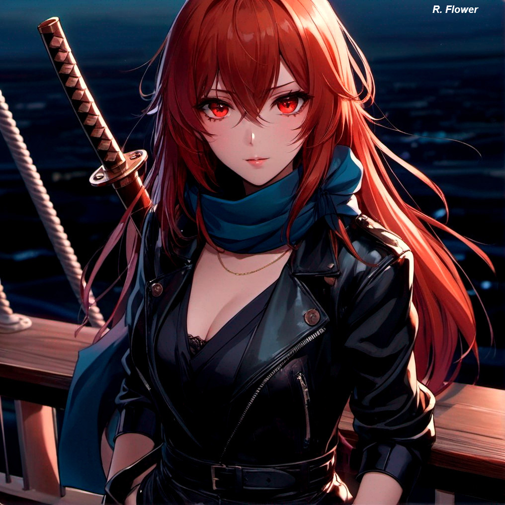 Anime Character on Ship Deck at Night with Katana