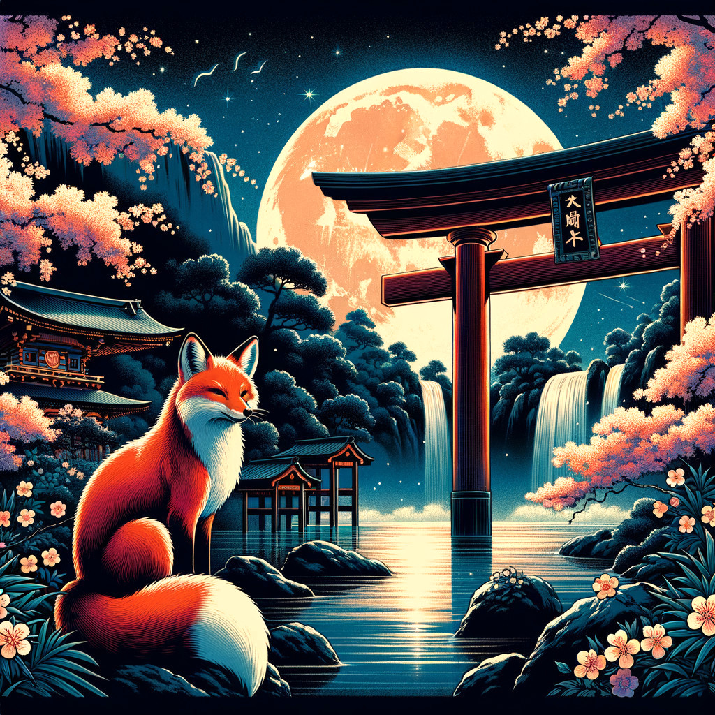 Vibrant Fox by Water Under Moonlit Cherry Blossoms