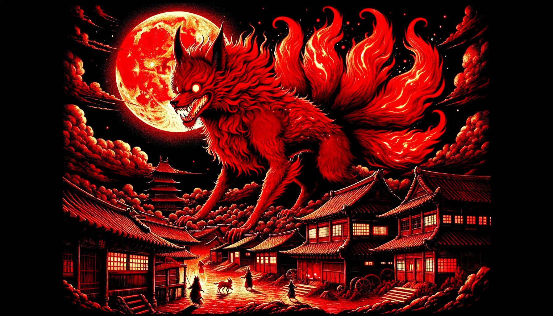 Mythical Fox Overlooks Japanese Village Under Full Moon