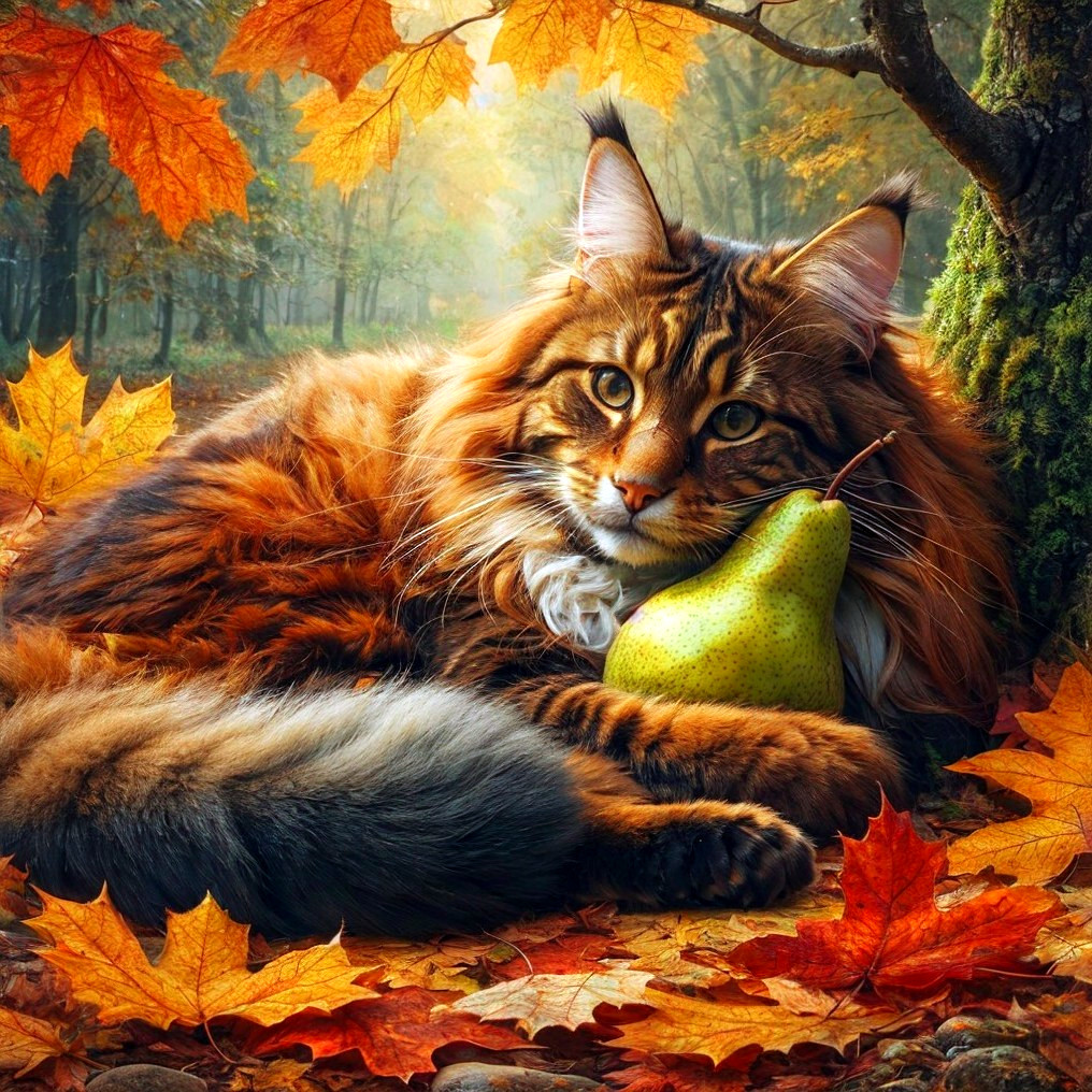 Fluffy cat with striking patterns holding a green pear under a tree