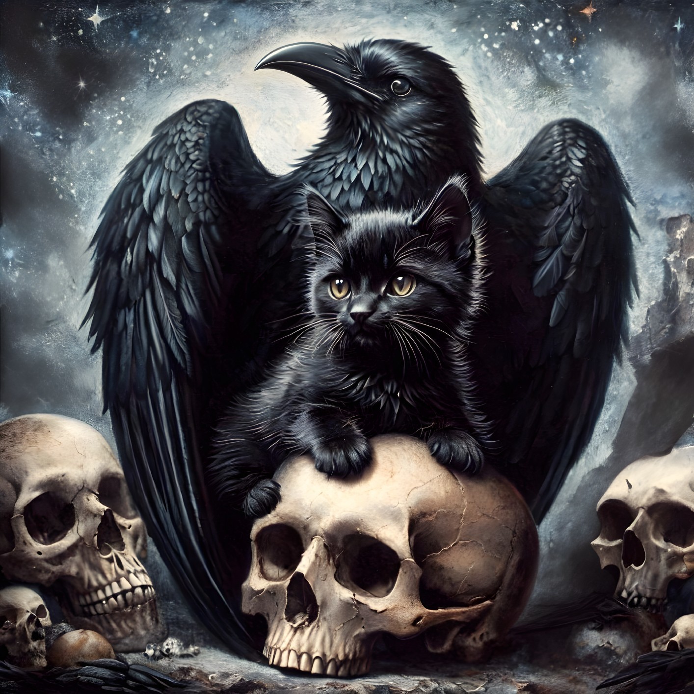Raven and Kitten on Skull in Dark Cosmic Setting