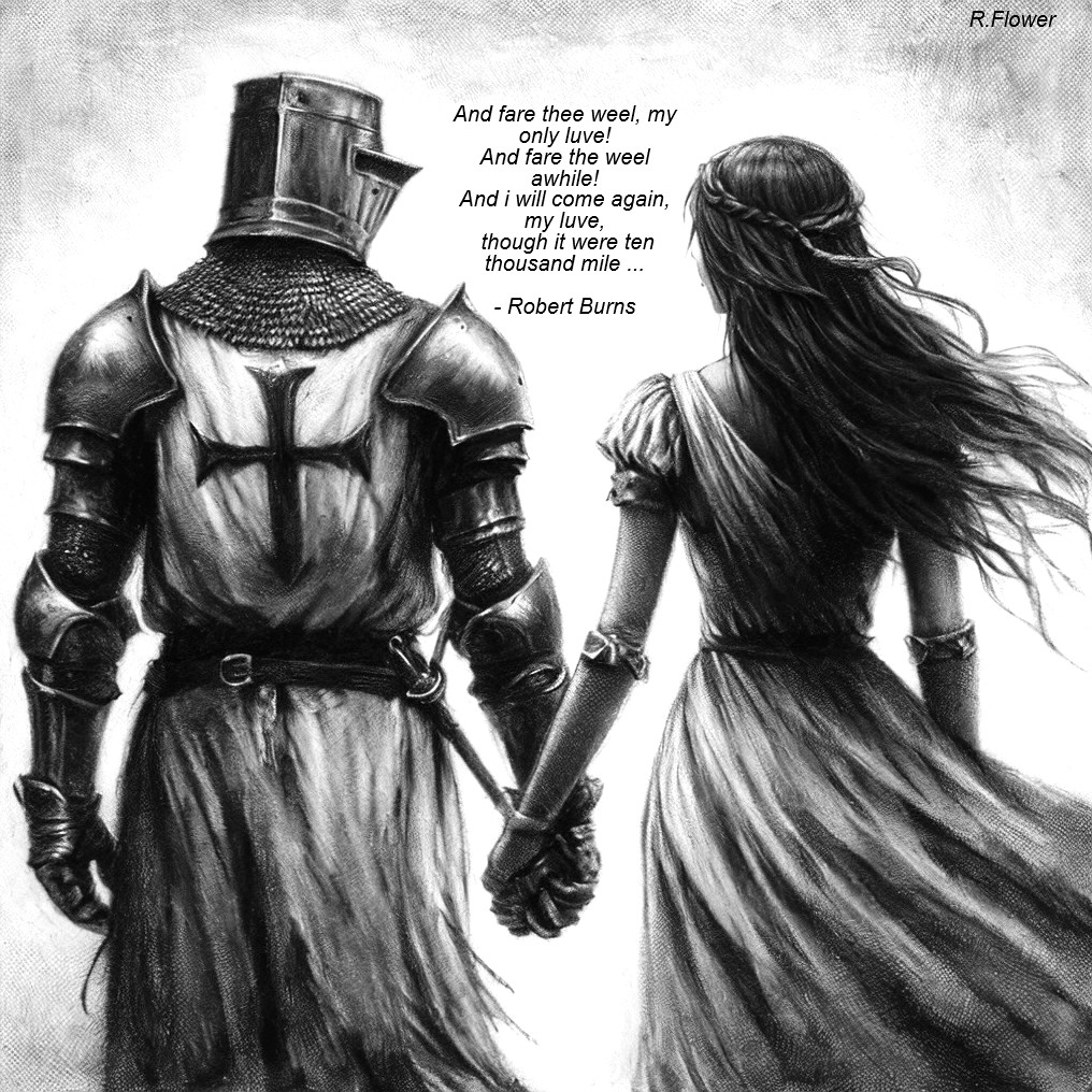 Pencil Sketch of Knight and Maiden with Poem Fragment