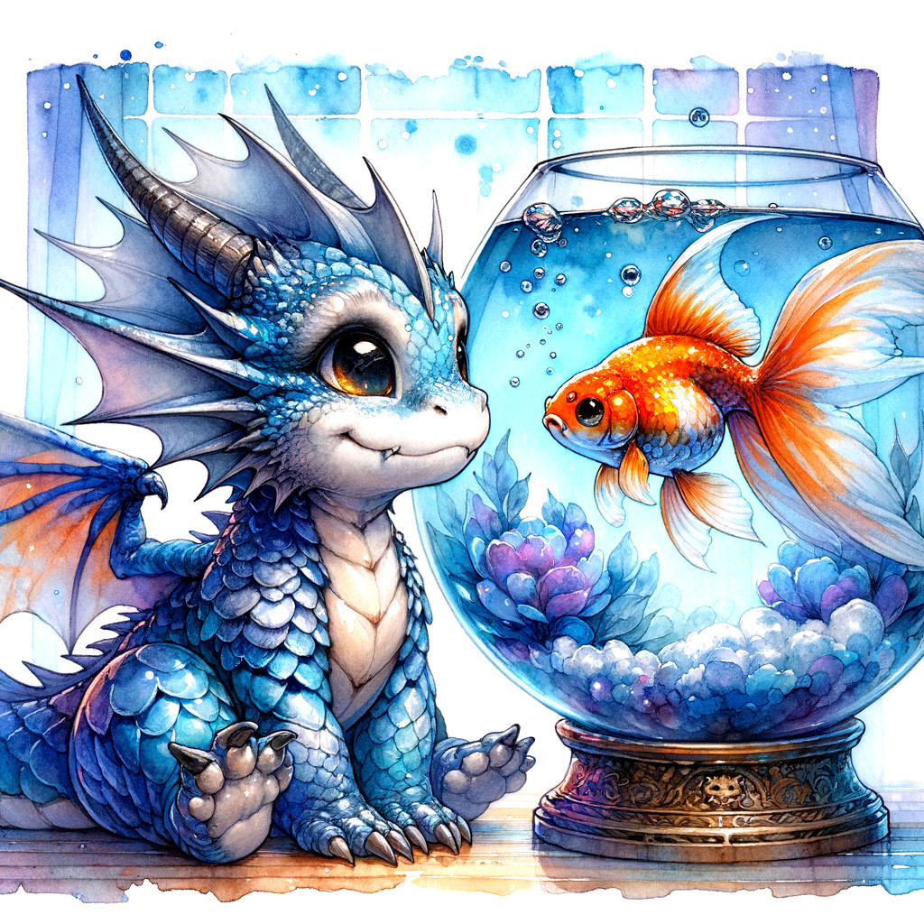 Blue Dragon and Goldfish in a Whimsical Scene