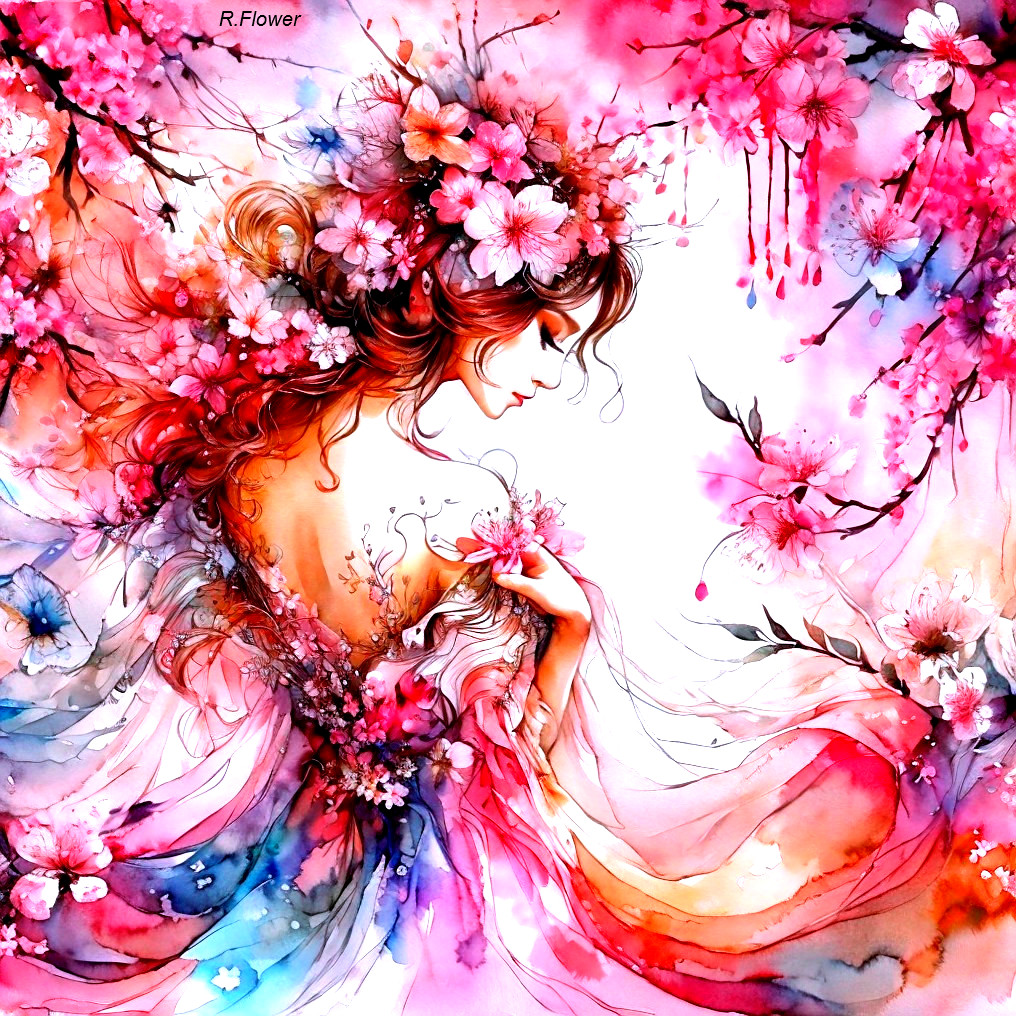 Colorful Watercolor Illustration of Woman with Floral Headpiece and Blooming Branches