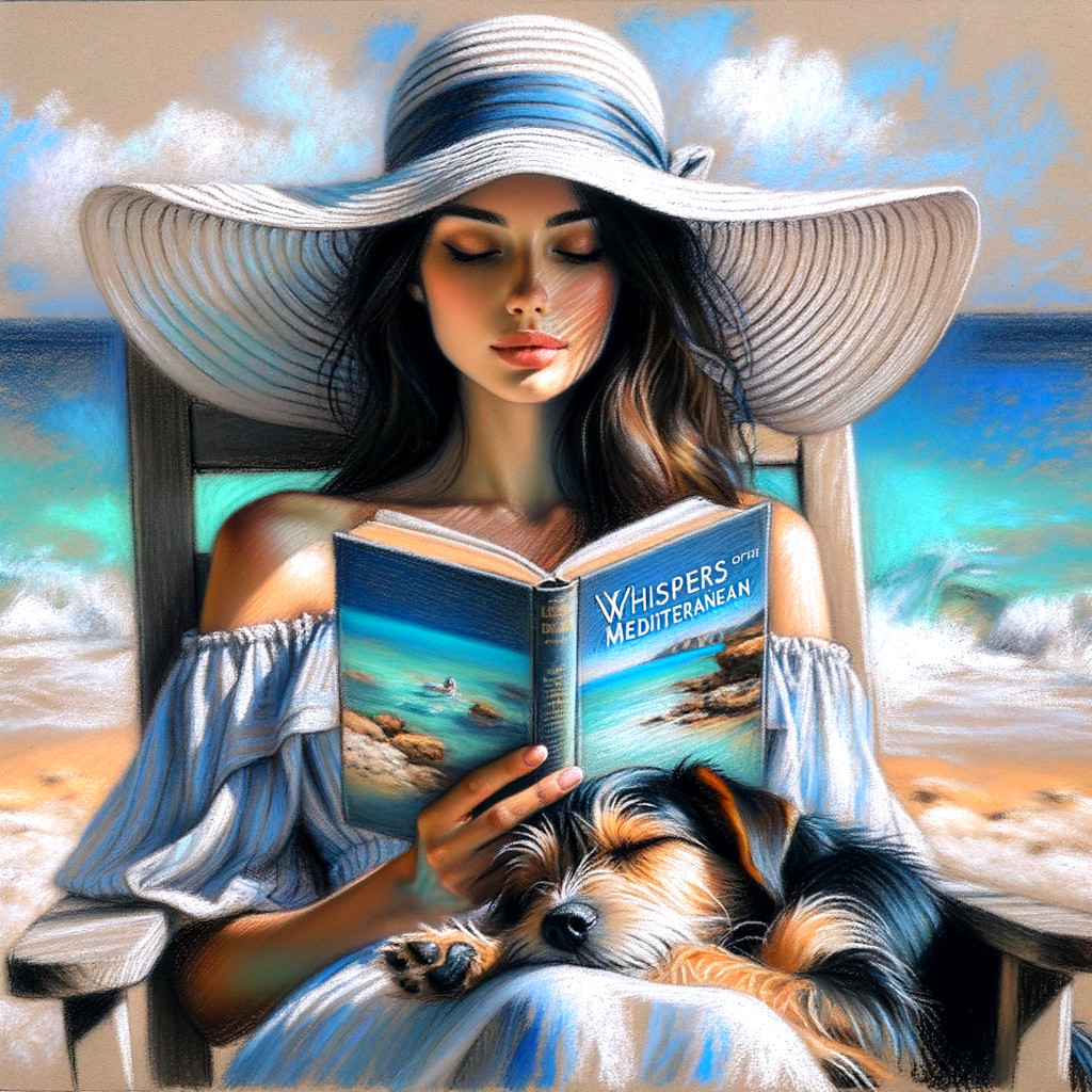 Serene Beach Scene with Woman Reading and Dog