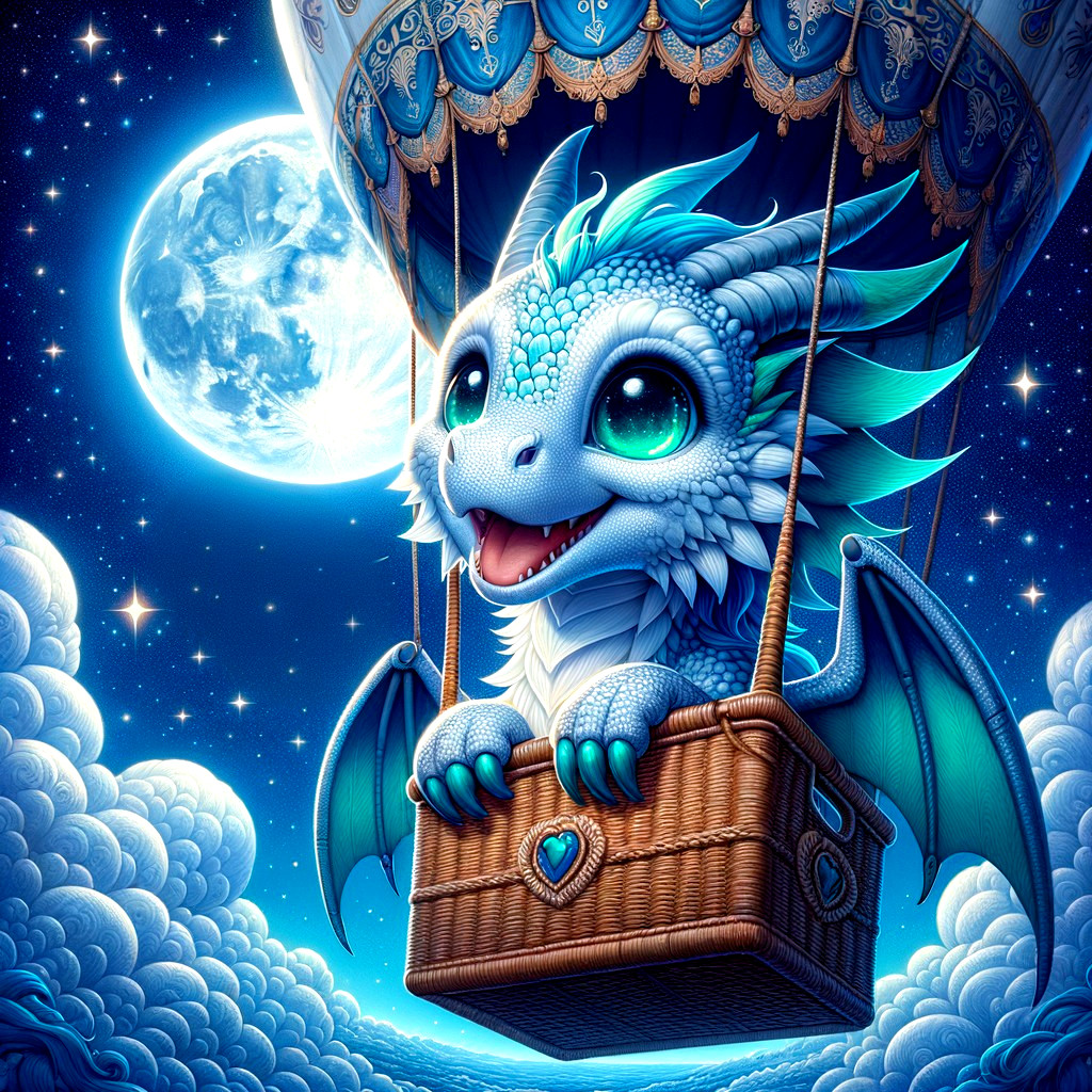 Blue dragon in hot air balloon under full moon