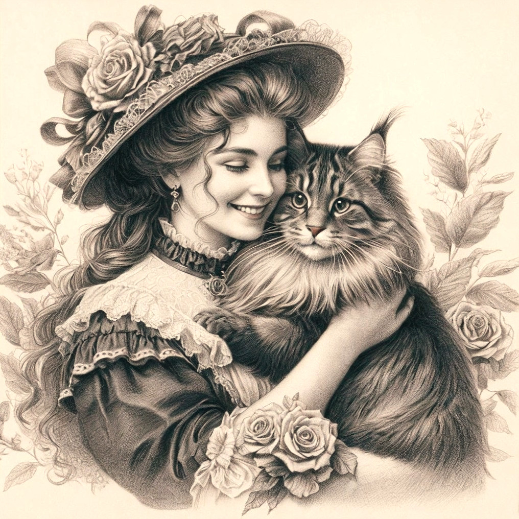 Grayscale Illustration of Woman with Maine Coon Cat
