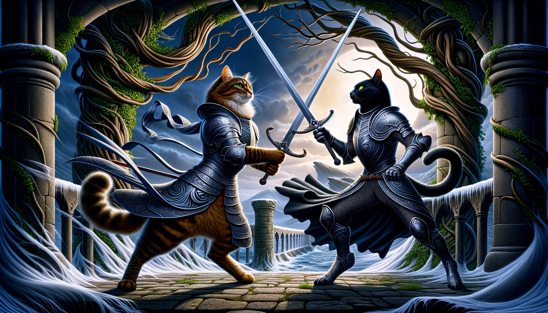 Armored Cats in Battle Under Mystical Archway
