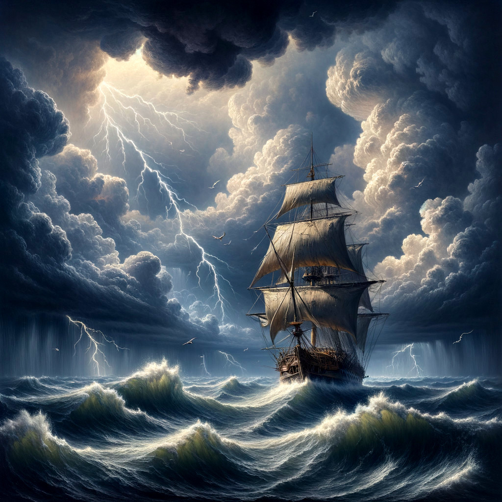 Sailing Ship in Stormy Sea Under Dark Clouds