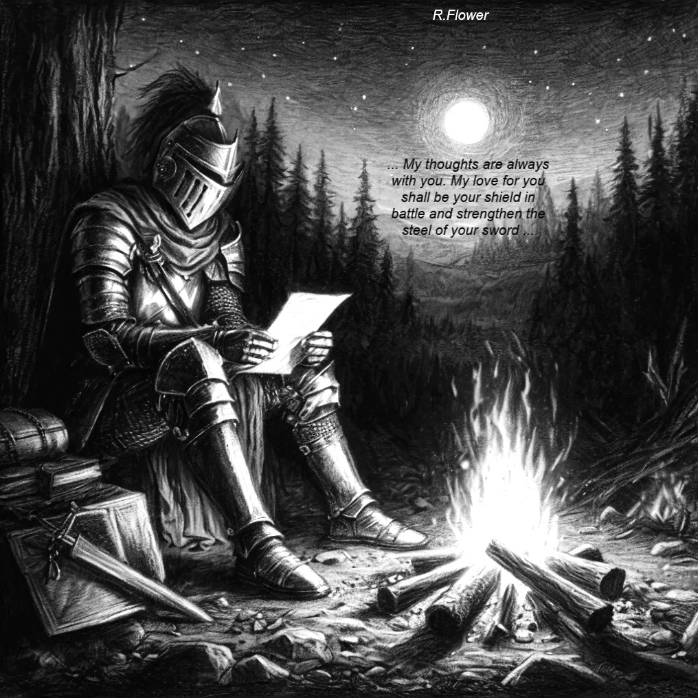Knight by Campfire Reading Letter Under Full Moon