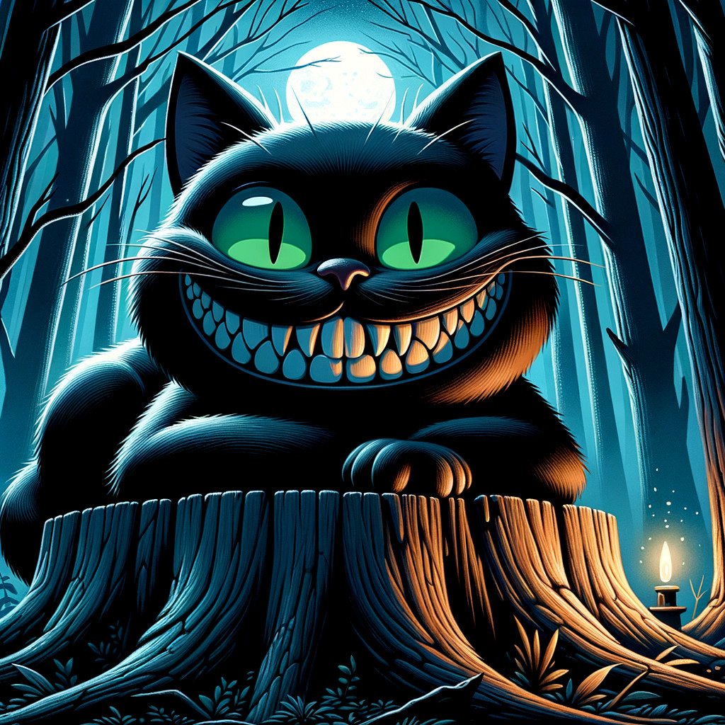 Black Cat on Tree Stump in Enchanted Forest Night