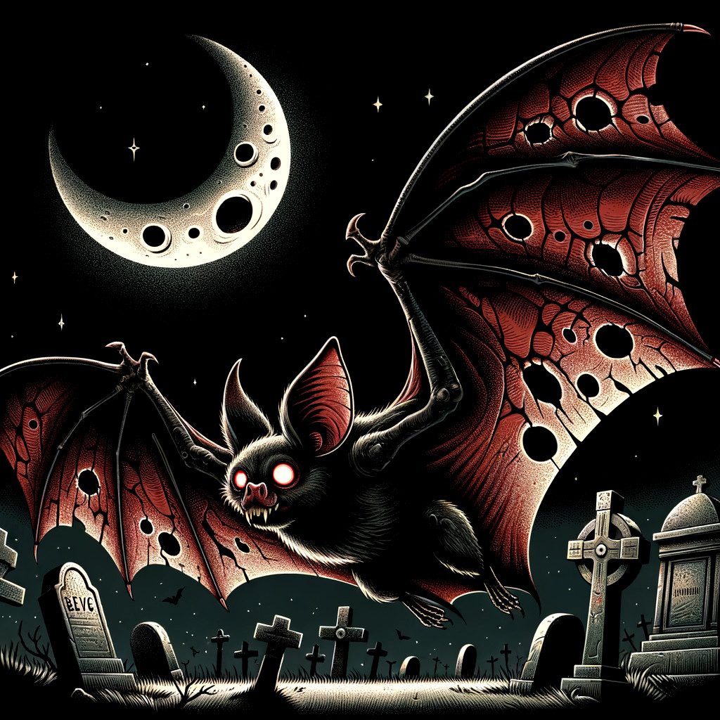 Large Bat with Glowing Eyes Over Dark Graveyard Scene