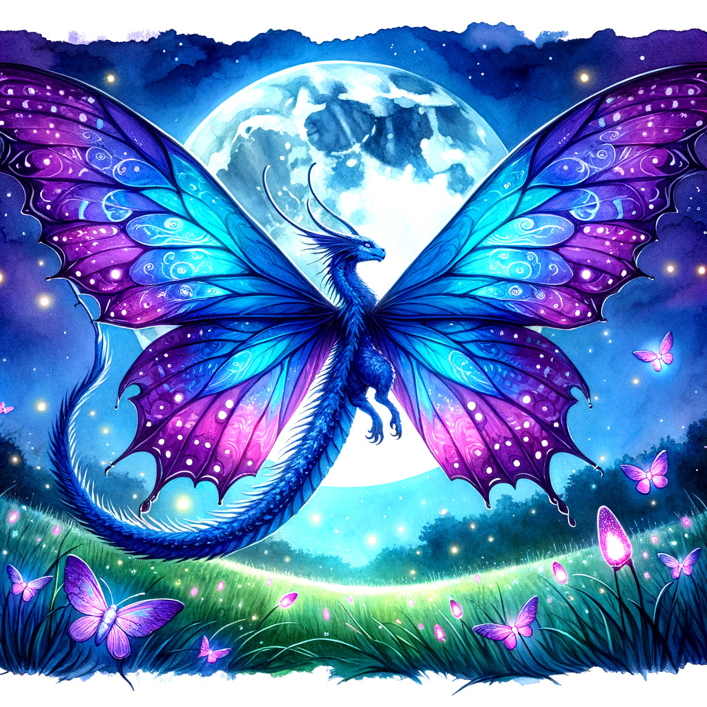 Dragon with Butterfly Wings Under a Full Moon