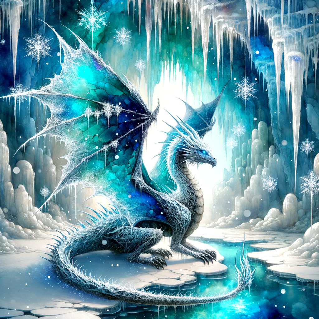 Majestic ice dragon on shimmering ice floe in frozen landscape
