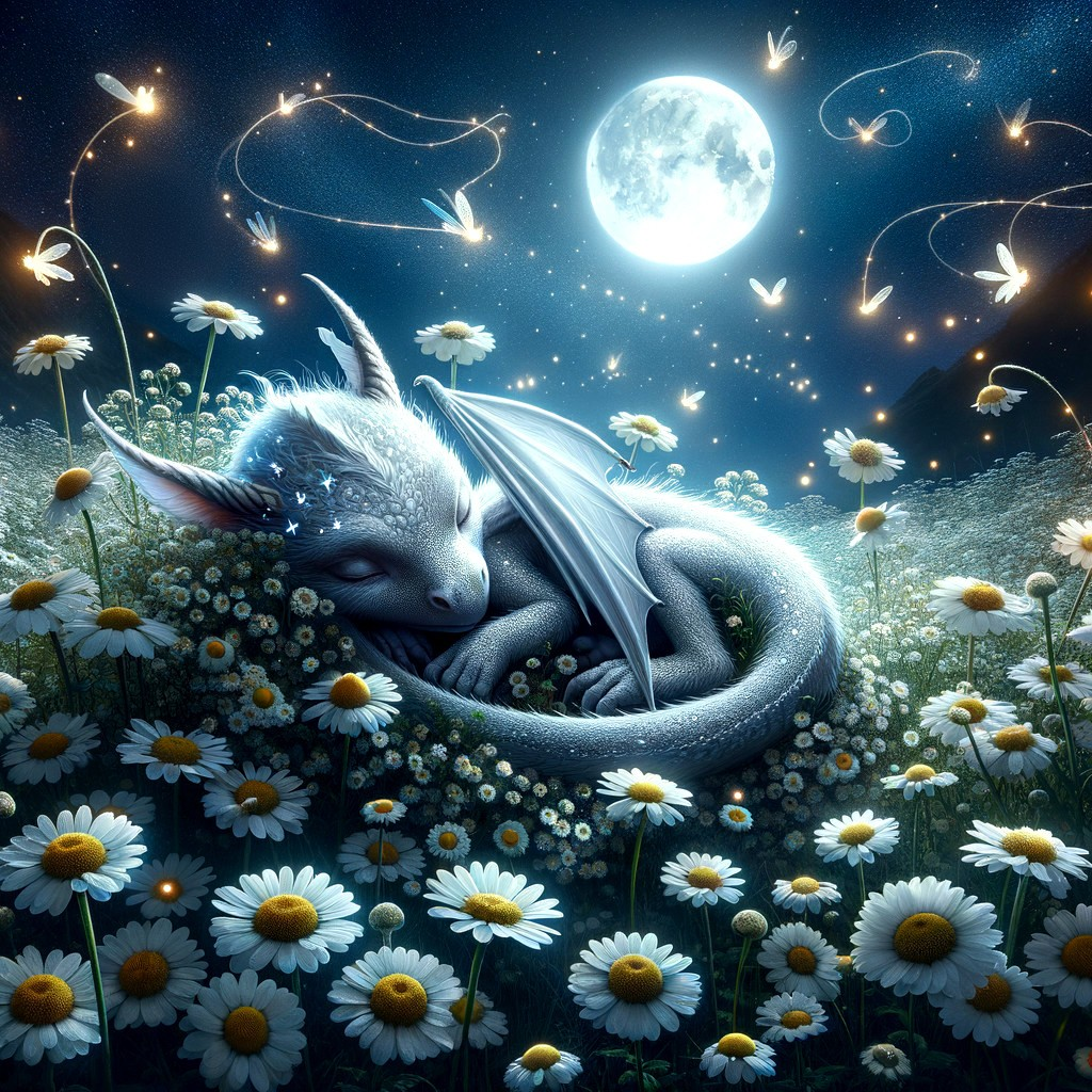 White Dragon Sleeping in a Field of Daisies at Night