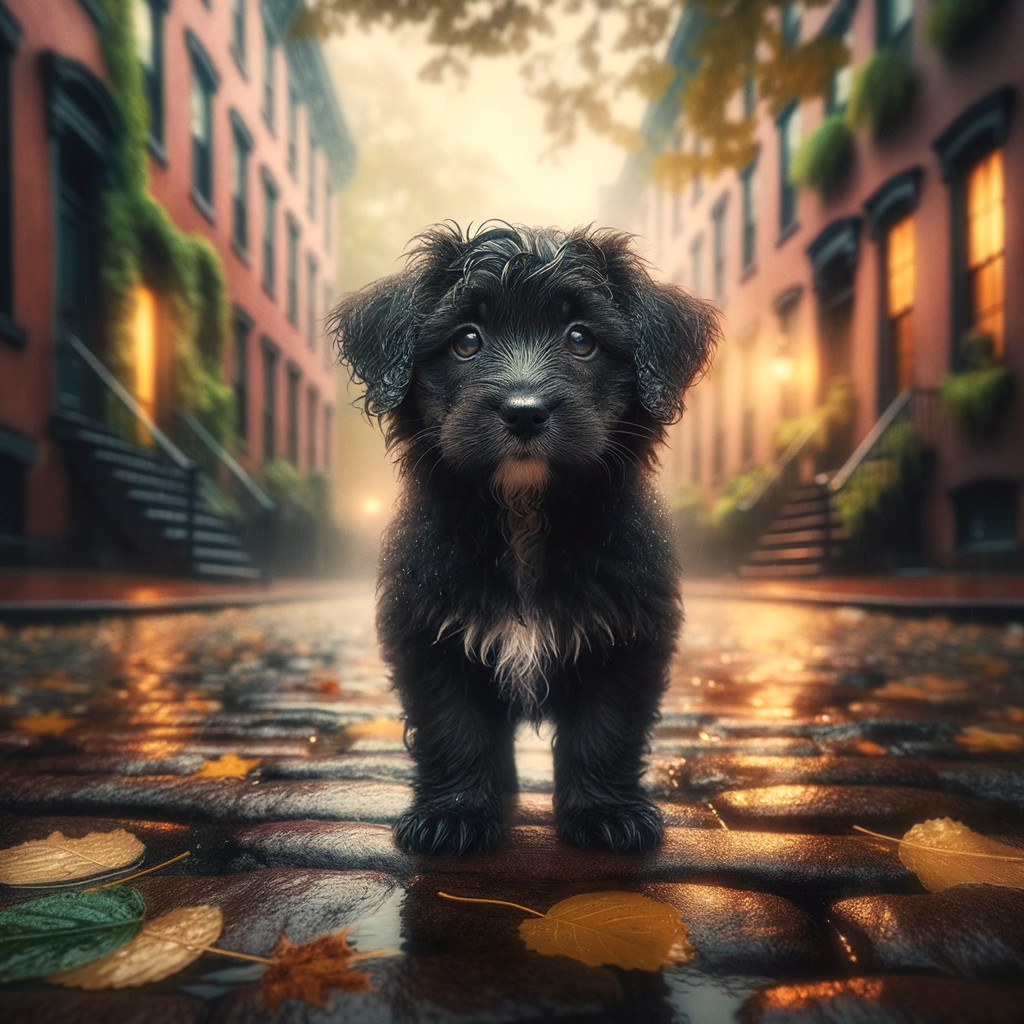 Fluffy Black Puppy on Autumn Cobblestone Street