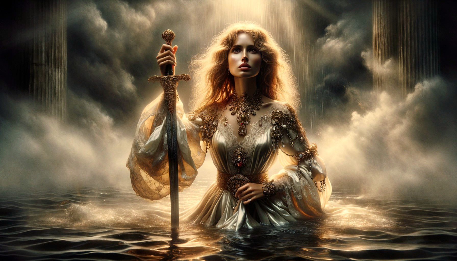 Regal Figure in Ethereal Landscape with Sword