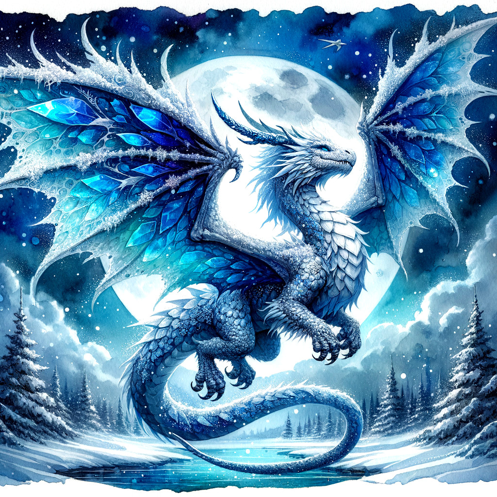 Ice-Blue Dragon Under Full Moon in Winter Landscape