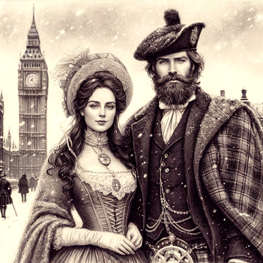 Couple in Vintage London Snowy Scene with Big Ben