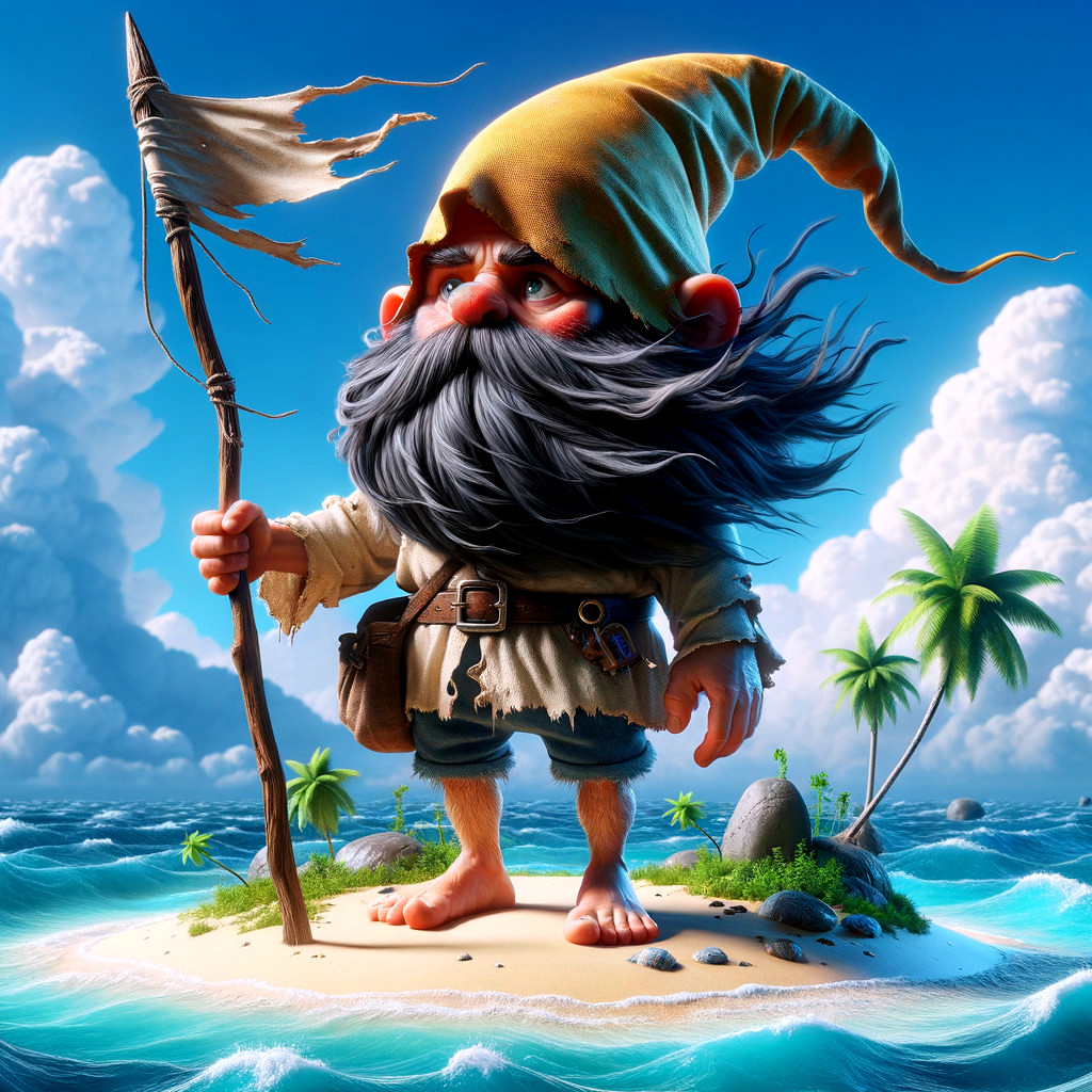 Whimsical Gnome on Tropical Island with Flag