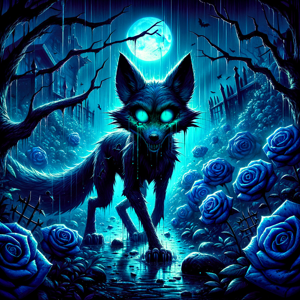 Glowing-Eyed Wolf Among Blue Roses in Moonlit Mist