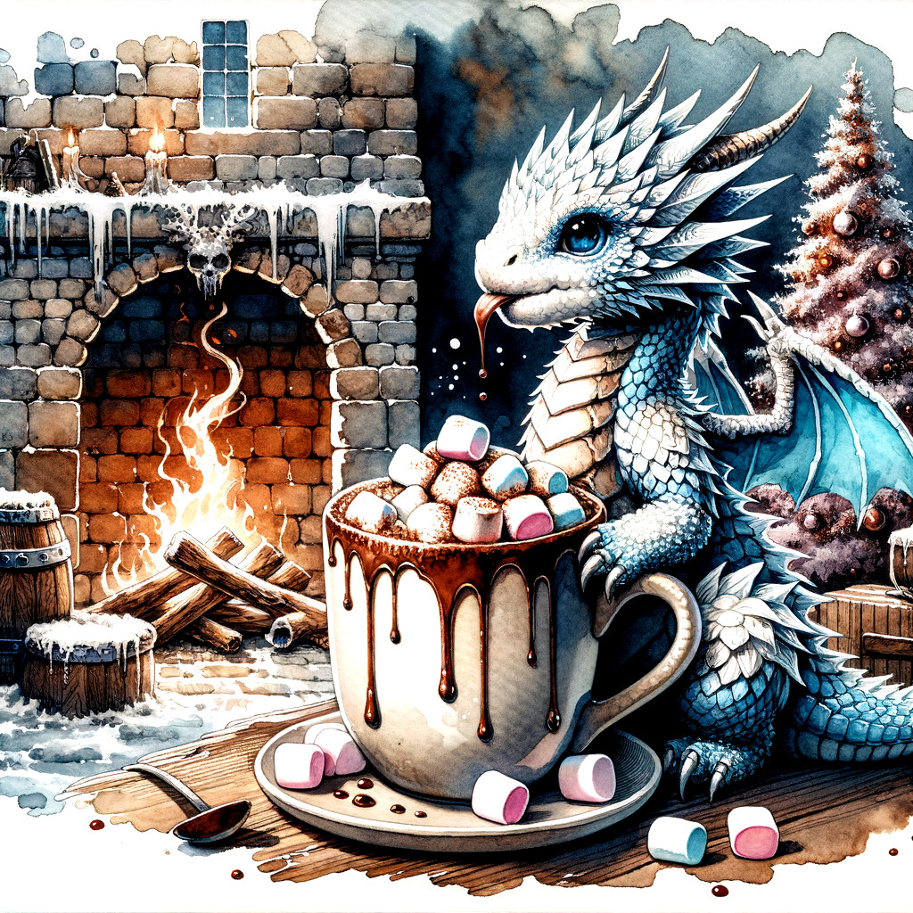 Whimsical Dragon Enjoying Hot Chocolate by Fireplace