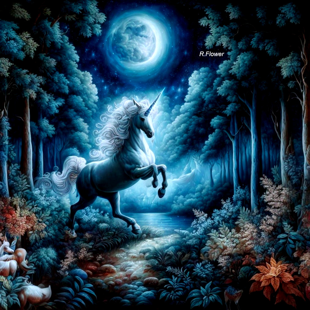White Unicorn in Enchanted Forest Under Full Moon