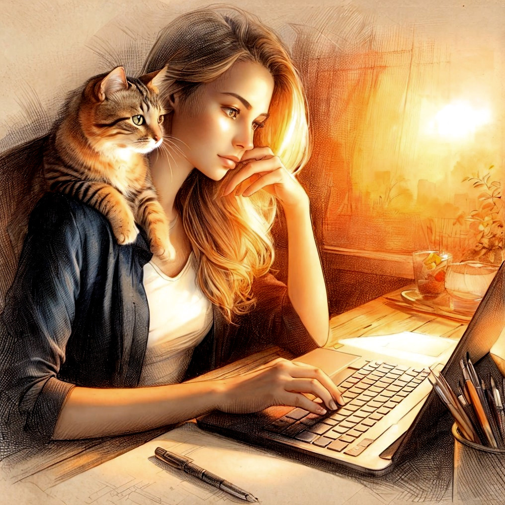 Cozy workspace with a woman typing and a cat