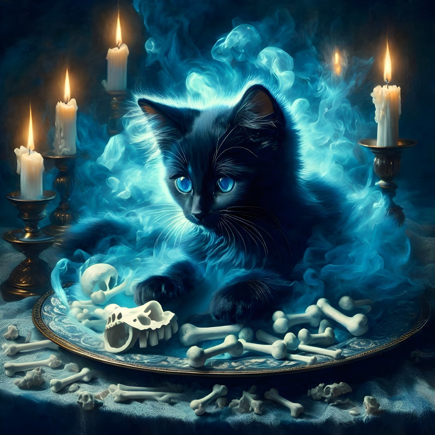 Mysterious Black Cat Surrounded by Bones and Smoke