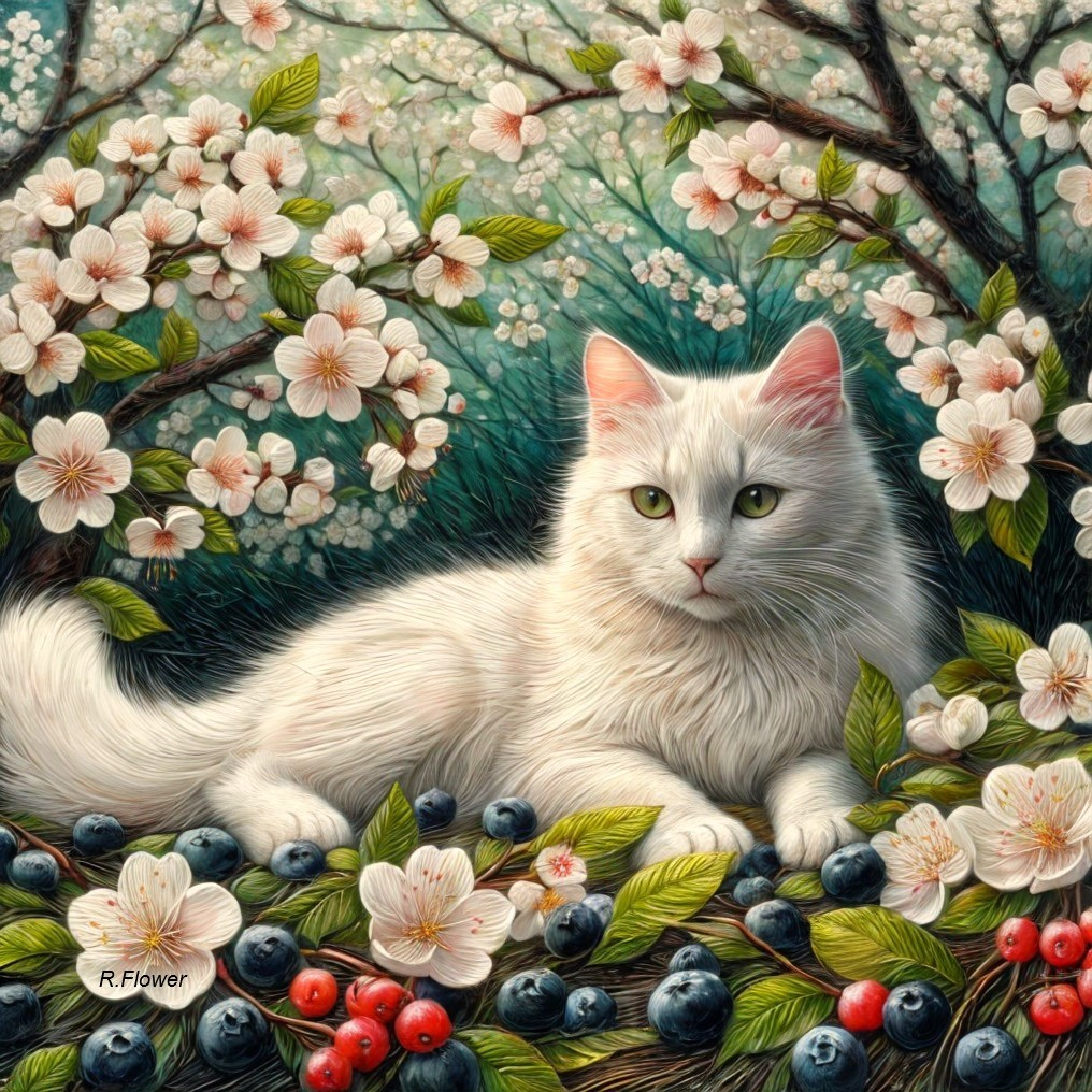Fluffy white cat surrounded by flowers, berries, and greenery