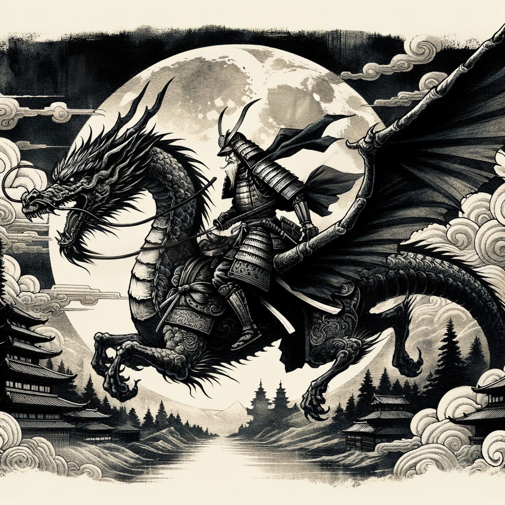 Samurai and Dragon Under a Full Moon in Fantasy Scene